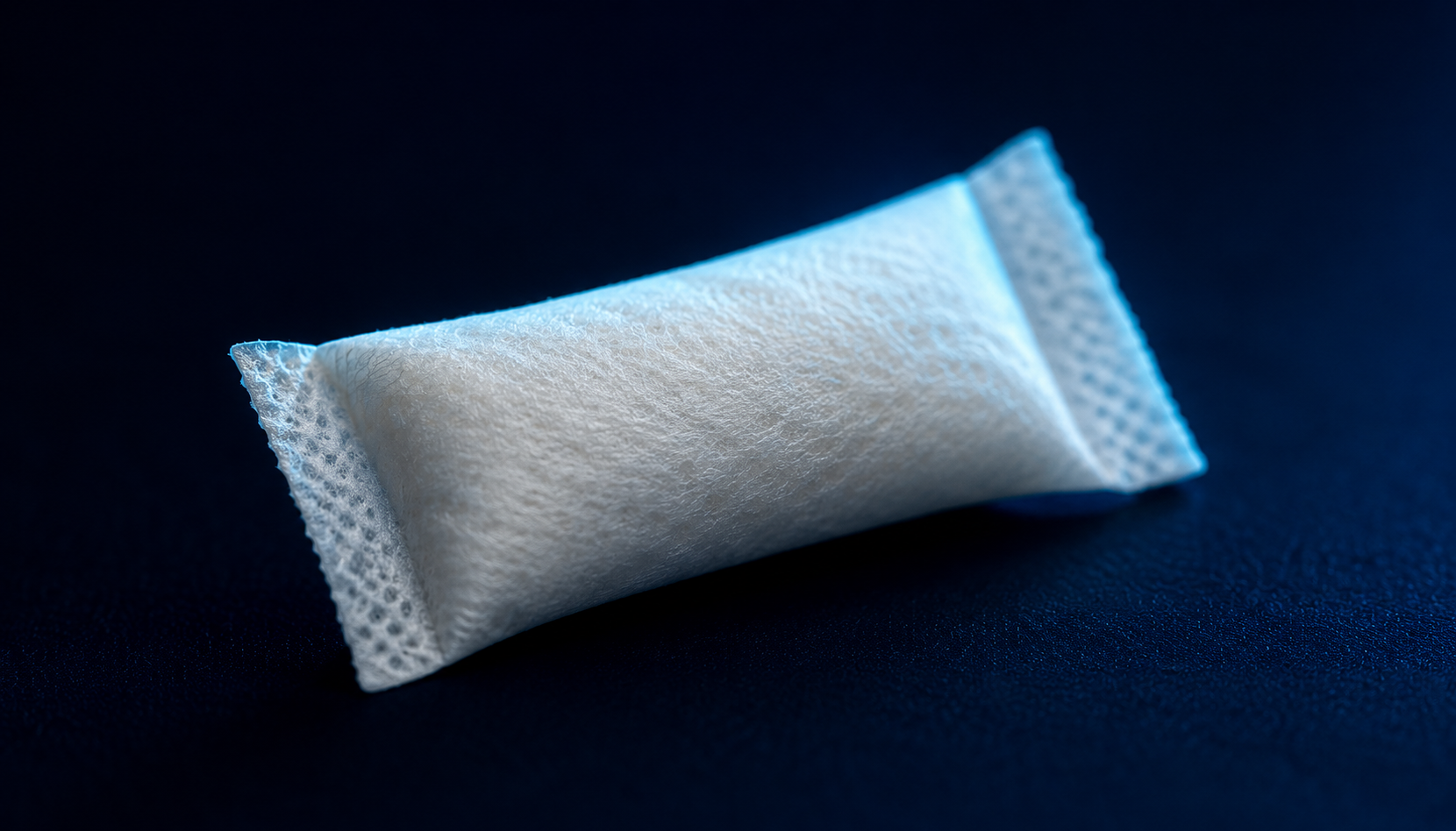 Macro close-up of a white nicotine pouch on dark background