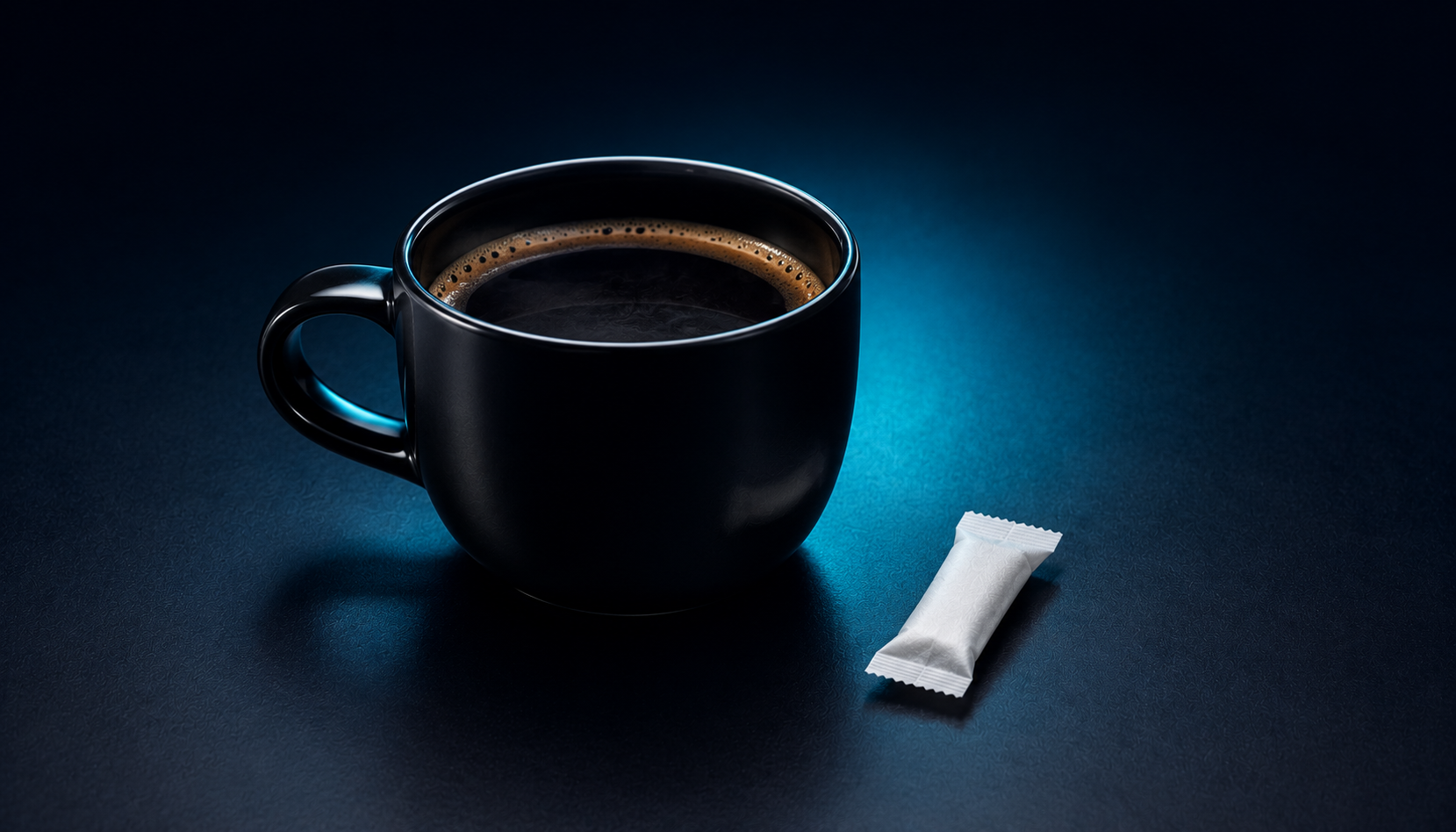 Coffee cup and nicotine pouch side by side on dark desk — nicotine vs caffeine for focus comparison